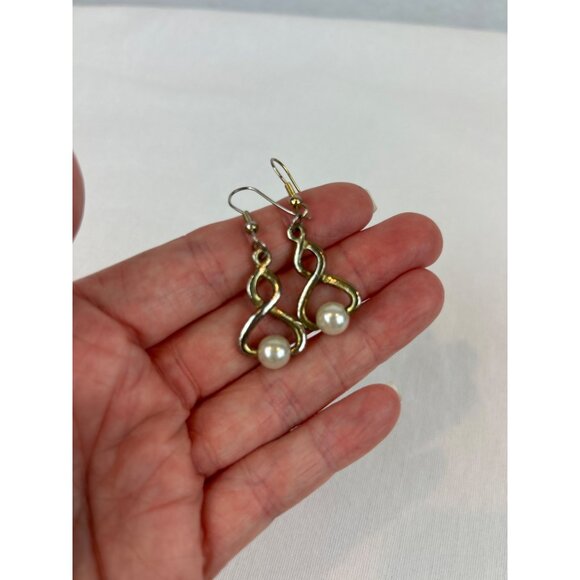 Vintage Swirl Twist Faux Pearl Drop Earrings Hook Gold Tone - Picture 7 of 8